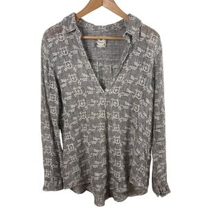 Namsar Linen Deep V-Neck Pullover Shirt Womens S Embroidered Textured Open Weave